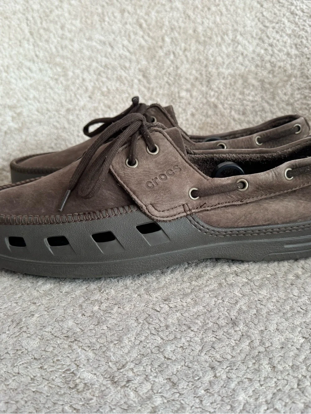 Crocs Men’s Size 12 Brown Leather Boat Shoes Loafers Lace Up Moc Toe